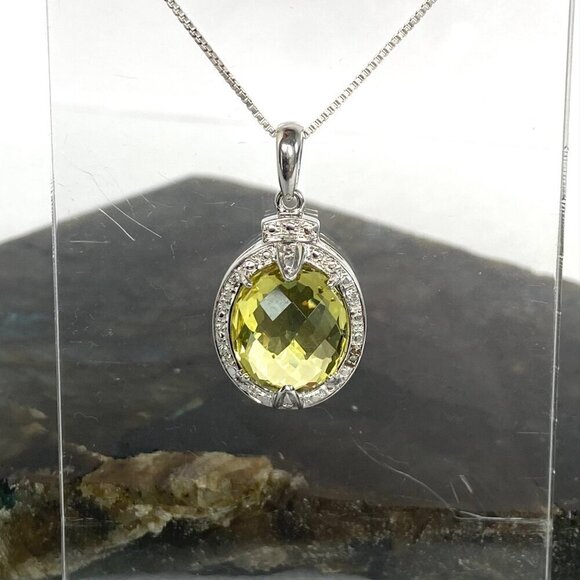 Sterling Silver 925 Oval Domed Faceted Yellow Citrine & Diamond Pendant Necklace - Picture 11 of 16